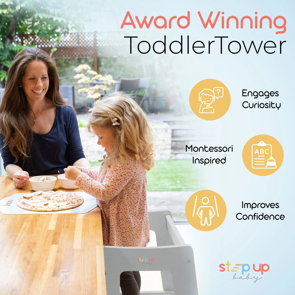 image showing a child in grey toddler tower cooking highlighting its key features