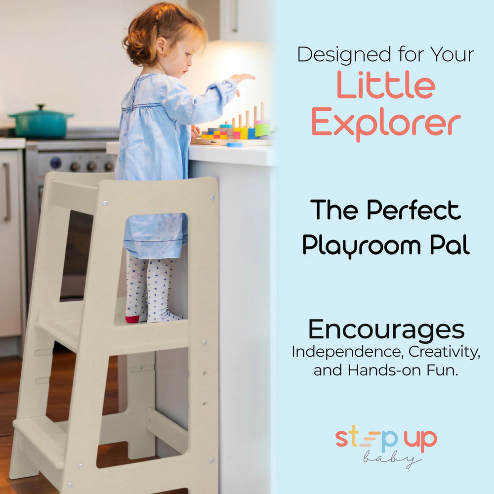 image showing a child in natural wood toddler tower playing with wooden toy