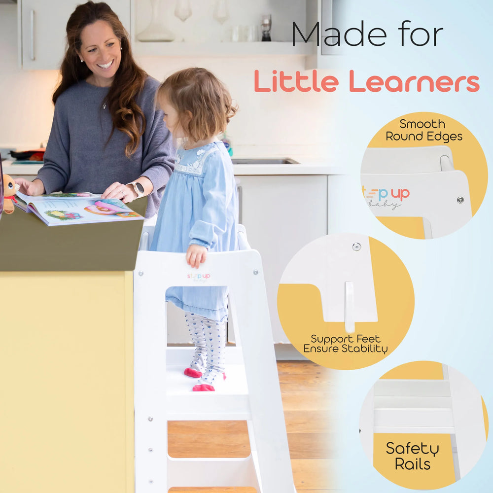 image showing a child in white toddler tower reading highlighting its safety features